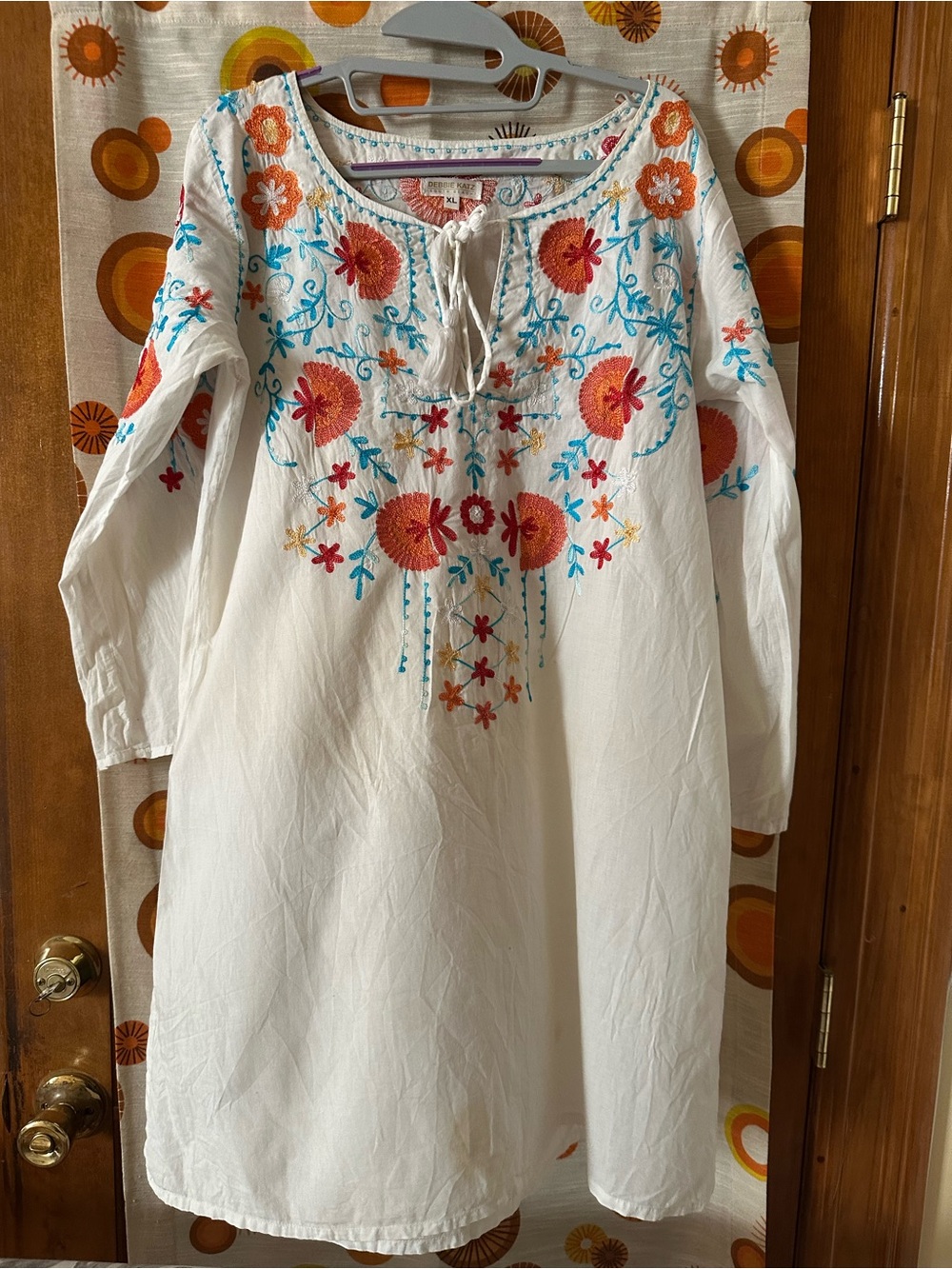White Embroidered Floral Tunic with Orange & Teal Accents